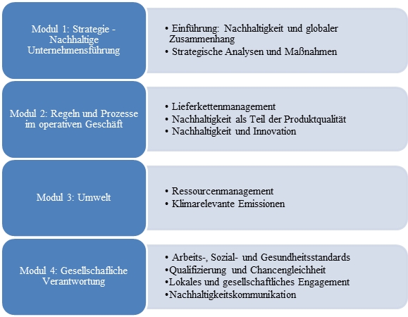 Abbildung 2: Modulübersicht Weiterbildung zur Fachkraft Ausbildung für nachhaltige Entwicklung (vgl. Bundesvereinigung Nachhaltigkeit e. V. 2018, 2)